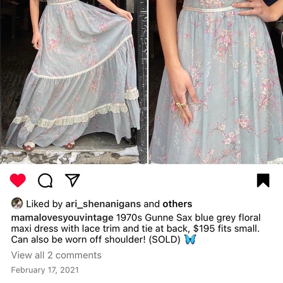 1970s Gunne Sax dress, blue Grey floral maxi dress with lace trim and tie - Picture 2 of 2